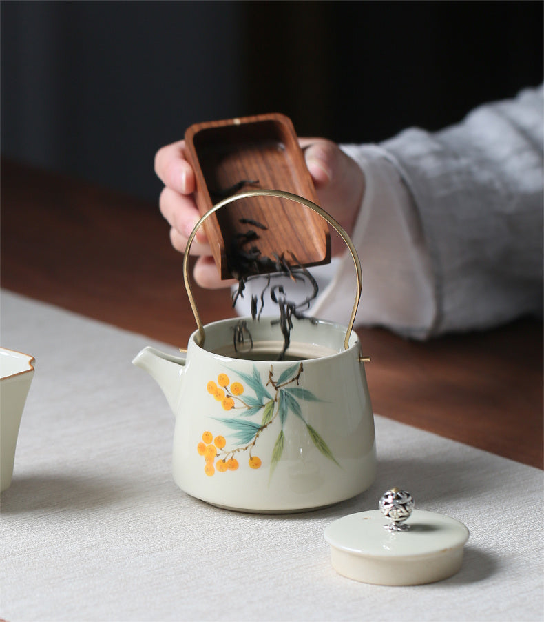 Hand Painted Loquat Underglaze Loop-handled Teapot Ceramic Small Size Teapot