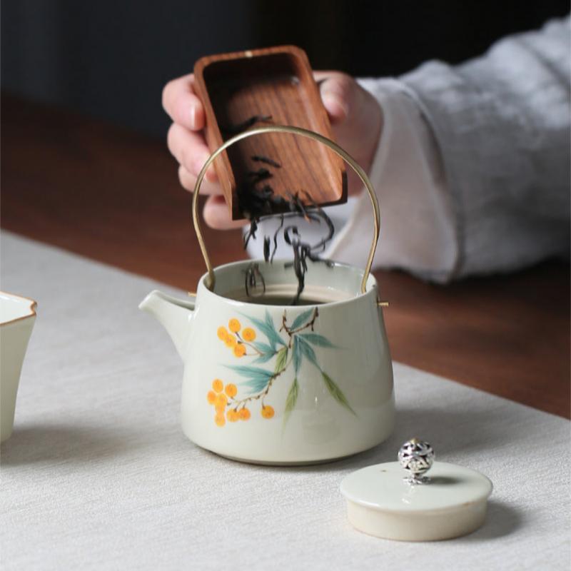 Hand Painted Loquat Underglaze Loop-handled Teapot Ceramic Small Size Teapot