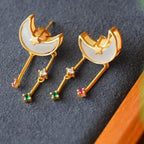 Star and Moon Stud Earrings with Hetian Jade Accent for Women