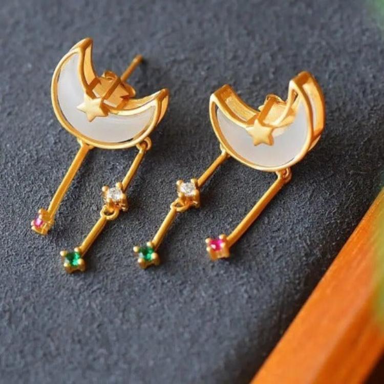 Star and Moon Stud Earrings with Hetian Jade Accent for Women