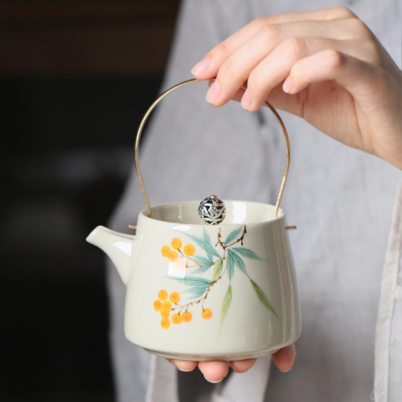 Hand Painted Loquat Underglaze Loop-handled Teapot Ceramic Small Size Teapot