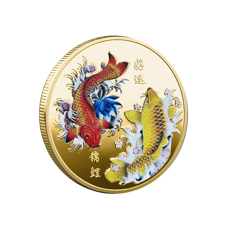 Chinese Style Koi Commemorative Gold And Silver Coin Color Printing