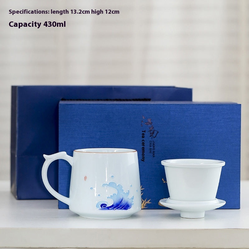 White Porcelain Celadon Household Hand-painted Filtered Tea Cup With Lid