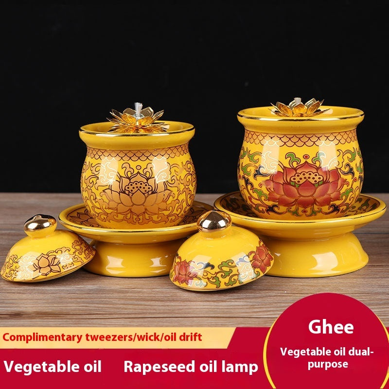 Ceramic Oil Lamp for Home Use in front of Buddha