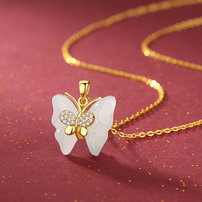 Hetian Jade Diamond Butterfly Necklace Girl