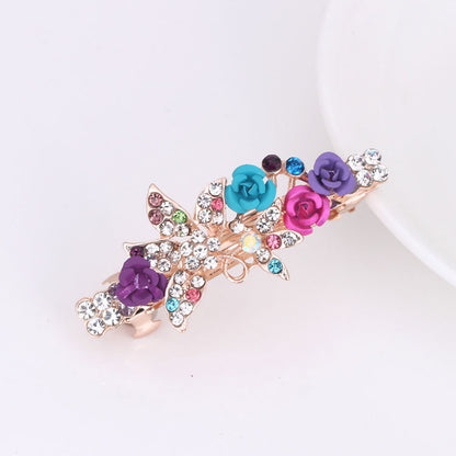 Small Korean Rose Flower Rhinestone Hairpin Headdress Women's All-match Small Top Clip Hair Clip Ponytail Clip Hair Accessories