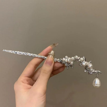 New Chinese Metal Pleated Pearl Hairpin