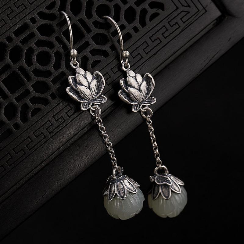 Retro Natural Hetian Jade White Jade Lotus Personality Women's Earrings