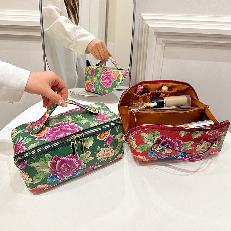 New Chinese style big red flower print cosmetic bag