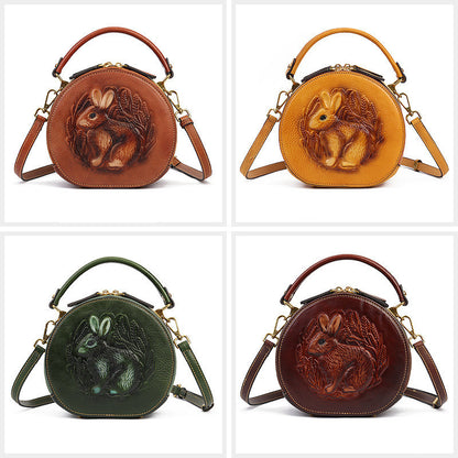 Ethnic Style Small Round Bag Head Layer Cowhide One Shoulder Crossbody