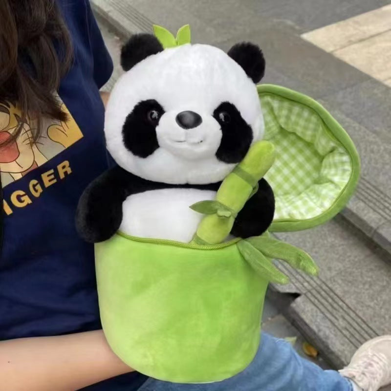 Simulated Bamboo Tube Flower Panda Pillow Doll