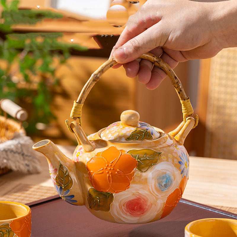 Elegant Lifting Handle Household Ceramic Underglaze Teapot Suit Hand Painted Good-looking Retro Water Glass