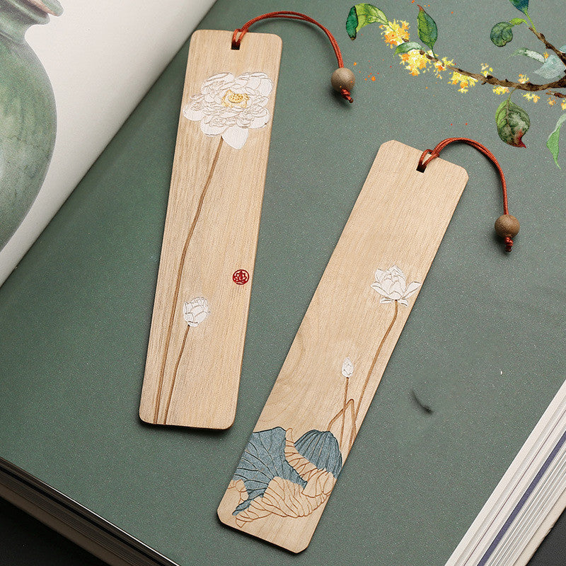 Retro Mahogany Hibiscus Bookmark Set Wooden Tassel Classical Chinese Style