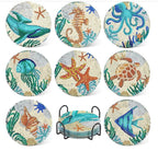 Ocean Series Diamond Painting Coaster Set Rhinestones Wooden Table Placemat With Rack For Home Decor Kitchen Accessories