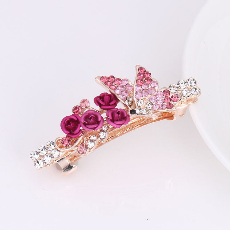 Small Korean Rose Flower Rhinestone Hairpin Headdress Women's All-match Small Top Clip Hair Clip Ponytail Clip Hair Accessories