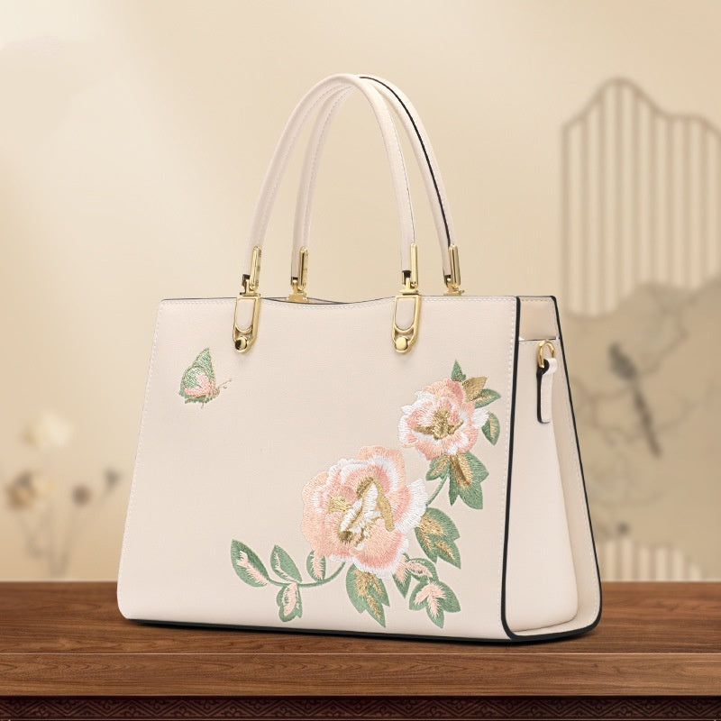 Chinese Peony Butterfly Leather Fashion Large Capacity Precision Embroidery Texture Bag