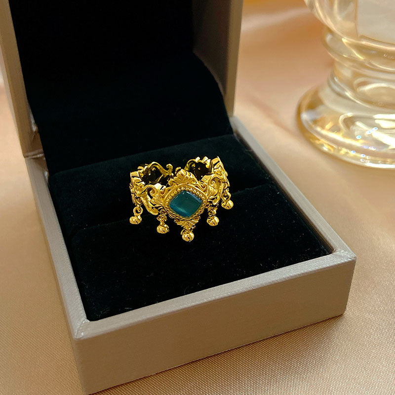 New Chinese Style Blue Green Golden Balls Tassel Ring Special-interest Design All-matching Graceful