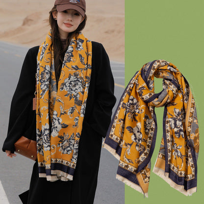 Retro Ethnic Style Peony Flower Cashmere Scarf