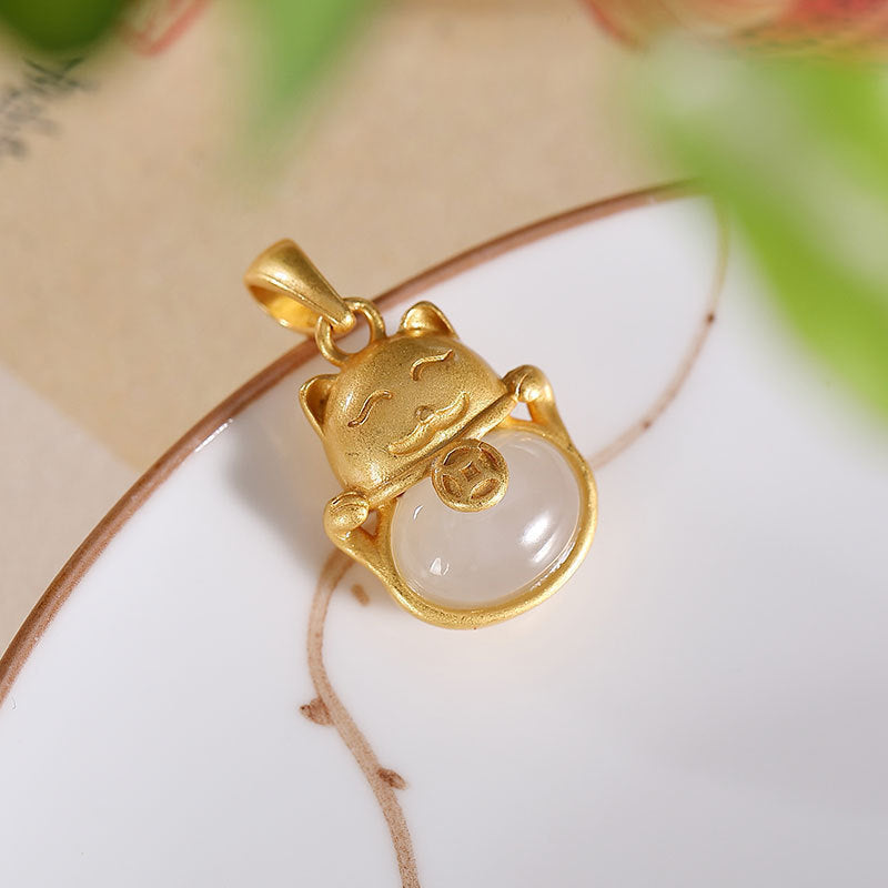 Lucky Cat Jade Pendant Hetian or Chalcedony Gift Necklace for Her-1