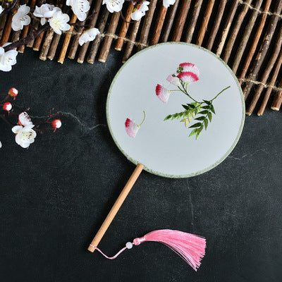 Chinese Style Embroidery Long Handle Fan Hanfu Double-sided Antique Gift Photo Matching Props