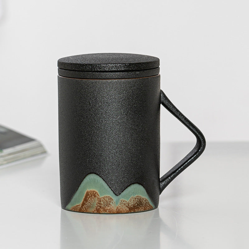 Factory Creative Yuanshan Hand-painted Mug Wooden Handle Ceramic Tea Cup With Lid Filter Three-piece Office Home