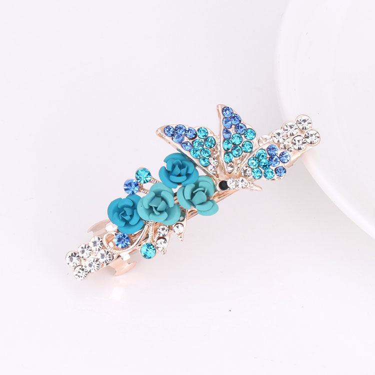 Small Korean Rose Flower Rhinestone Hairpin Headdress Women's All-match Small Top Clip Hair Clip Ponytail Clip Hair Accessories