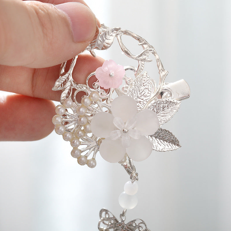 Fringed jade flower pearl hairpin Hanfu hair accessory