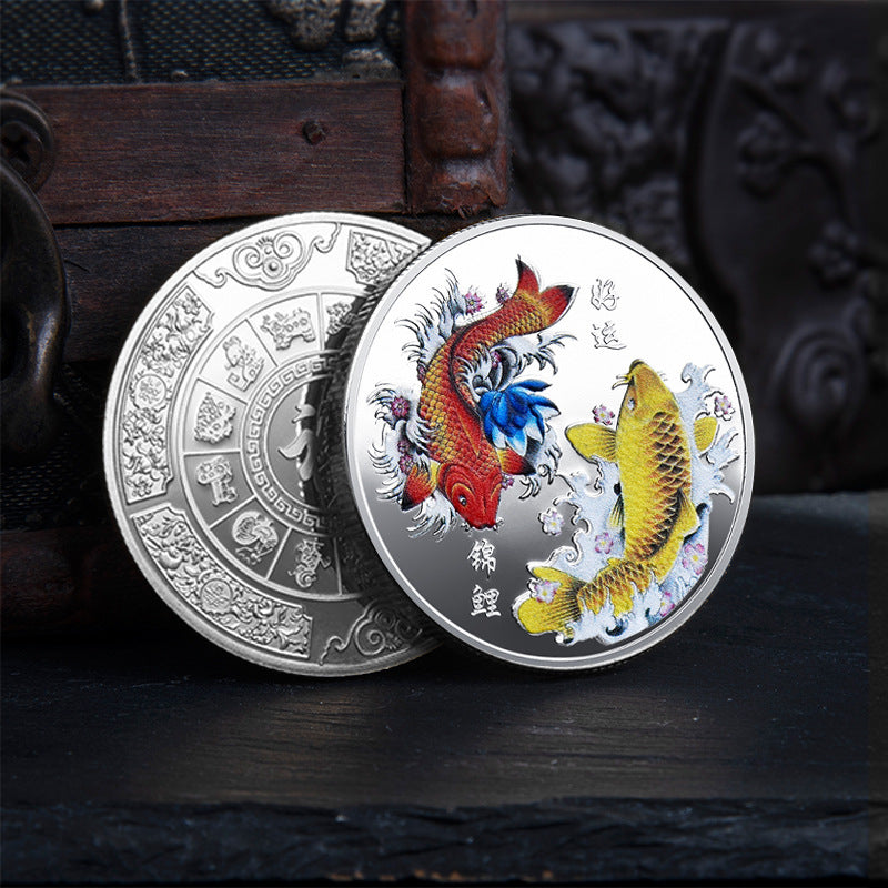 Chinese Style Koi Commemorative Gold And Silver Coin Color Printing