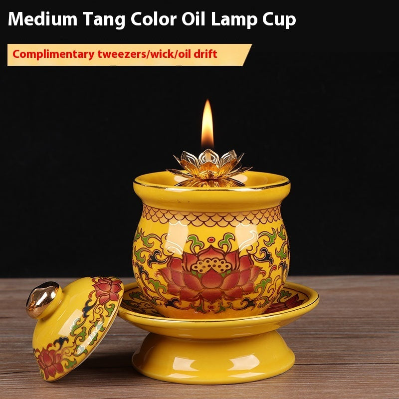 Ceramic Oil Lamp for Home Use in front of Buddha