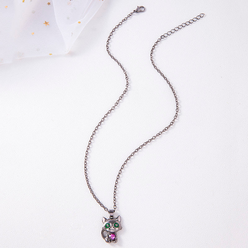 Black Cat Necklace Red Blue Purple White Heart Rhinestone Kitty Pendant Sweater Chain Necklaces