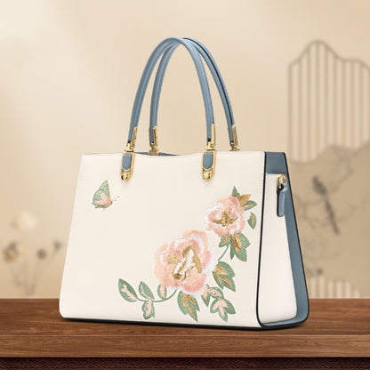 Chinese Peony Butterfly Leather Fashion Large Capacity Precision Embroidery Texture Bag