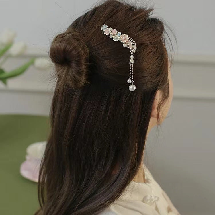 Super Fairy Cherry Blossom Pansy Pearl Tassel Hairpin Ancient Style Female Side Fringe Headdress Duckbill Clip