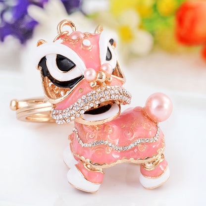 Chinese cute lion dance alloy keychain rotating lion dance car ornaments