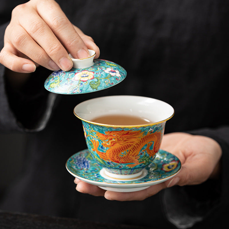 Enamel Ceramic Gaiwan Dragon And Phoenix Tea Cup