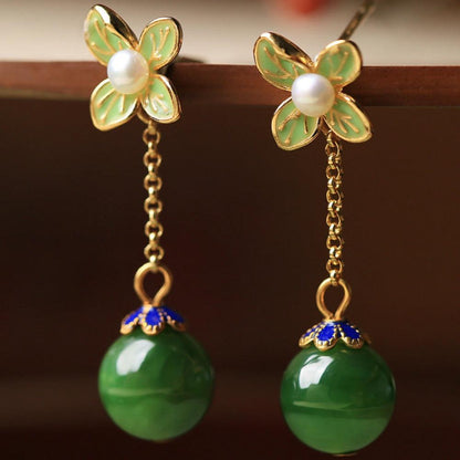 Four-leaf Clover Hetian Jade Enamel Earrings-1