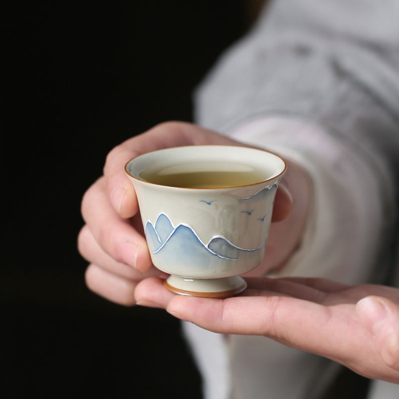 Hand-painted Embossed Faraway Mountain Pattern Tea Cup Set-4