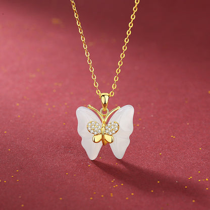 Hetian Jade Diamond Butterfly Necklace Girl