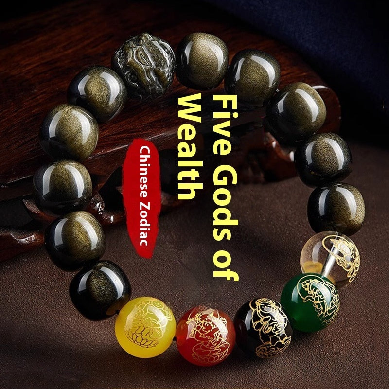 Five Gods Of Wealth Lucky Beads Bracelet Zodiac Gold Obsidian Handheld Rosary