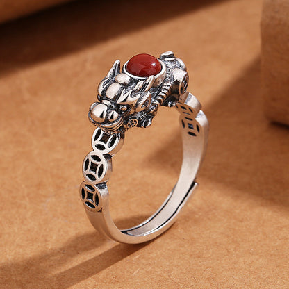 Retro Plated S925 Sterling Silver Good Fortune Pixiu Ring