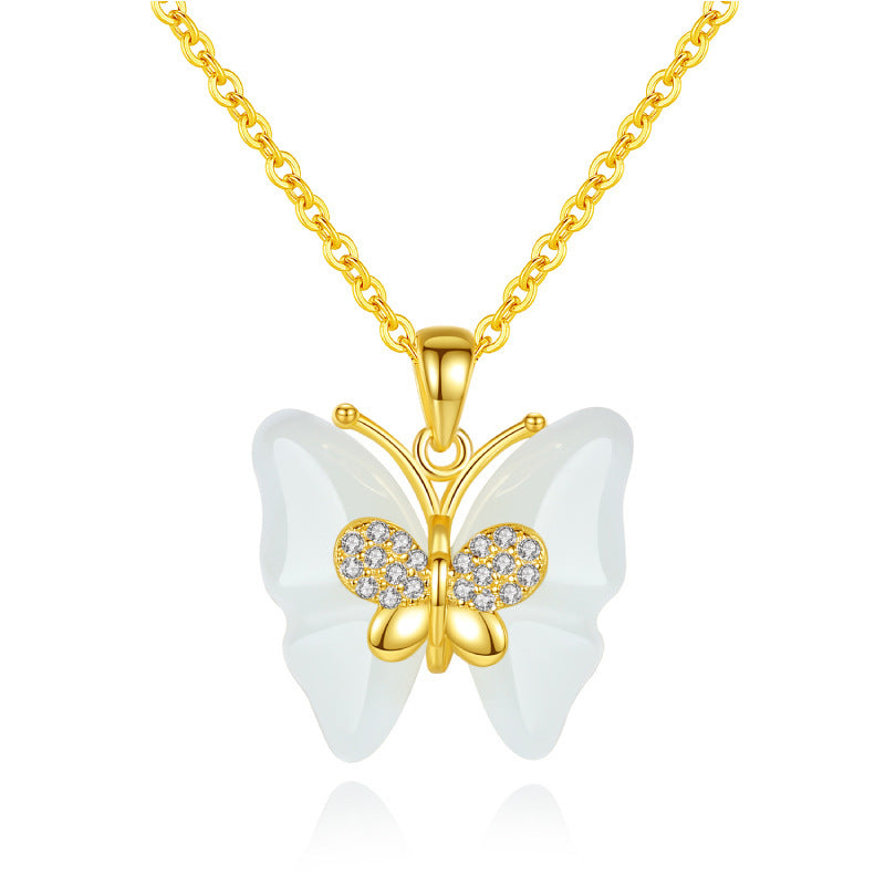 Hetian Jade Diamond Butterfly Necklace Girl