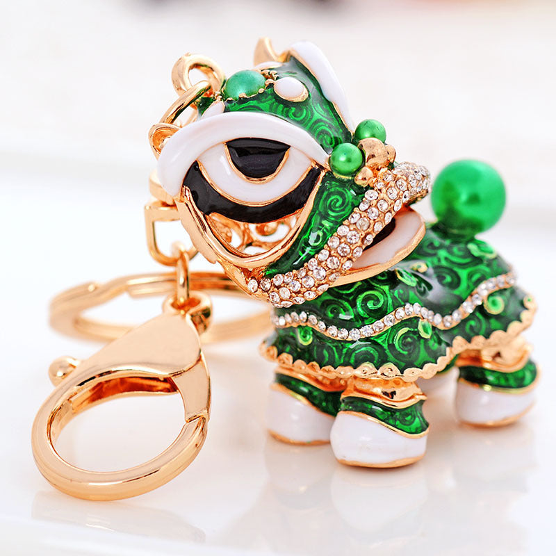 Chinese cute lion dance alloy keychain rotating lion dance car ornaments