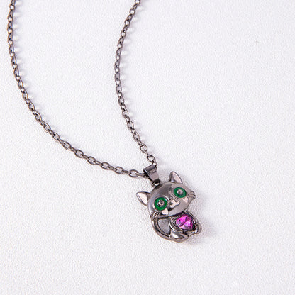 Black Cat Necklace Red Blue Purple White Heart Rhinestone Kitty Pendant Sweater Chain Necklaces