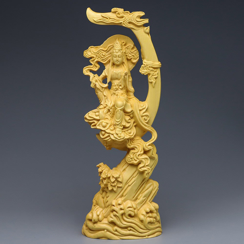 Boxwood Wood Carving Sun and Moon Bodhisattva Home Decoration