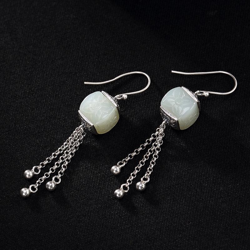 Inlaid Hetian Jade Linglan Pattern Long Earrings