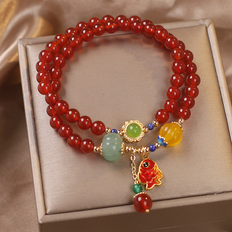 Chinese Style Money Drawing And Luck Changing Natural Red Agate Koi Pendant Bracelet