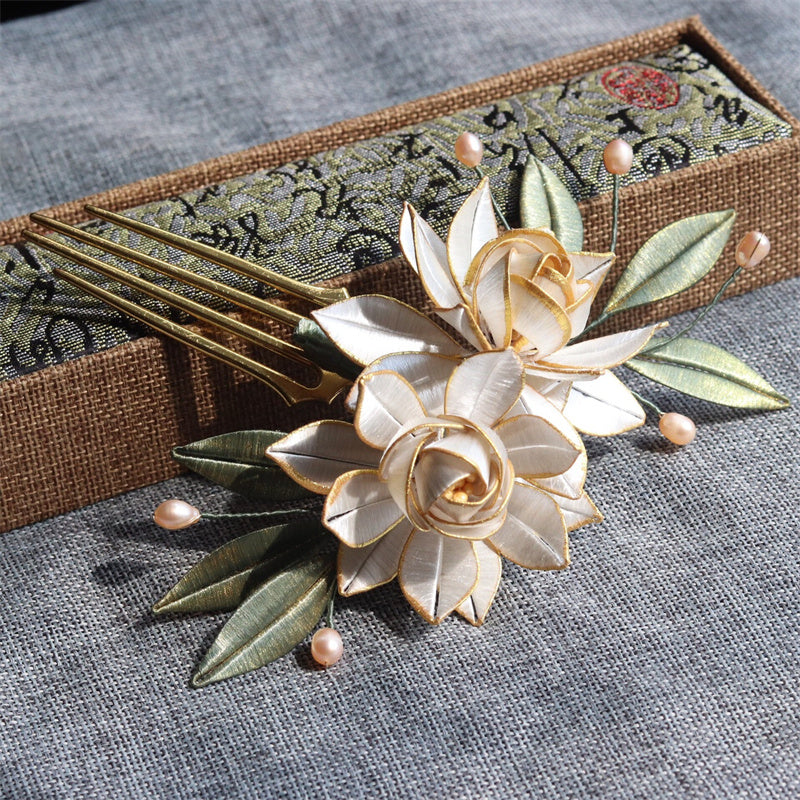 Headdress Antique Gold Gardenia Retro Pearl Hair Hairpin