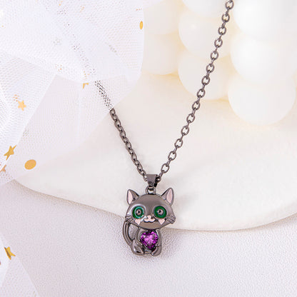 Black Cat Necklace Red Blue Purple White Heart Rhinestone Kitty Pendant Sweater Chain Necklaces