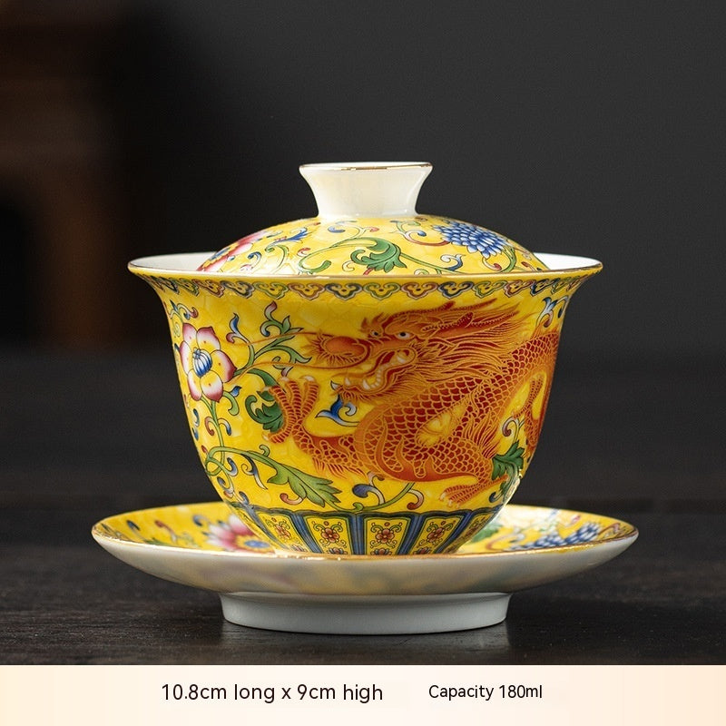 Enamel Ceramic Gaiwan Dragon And Phoenix Tea Cup