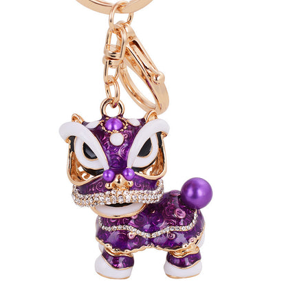 Chinese cute lion dance alloy keychain rotating lion dance car ornaments