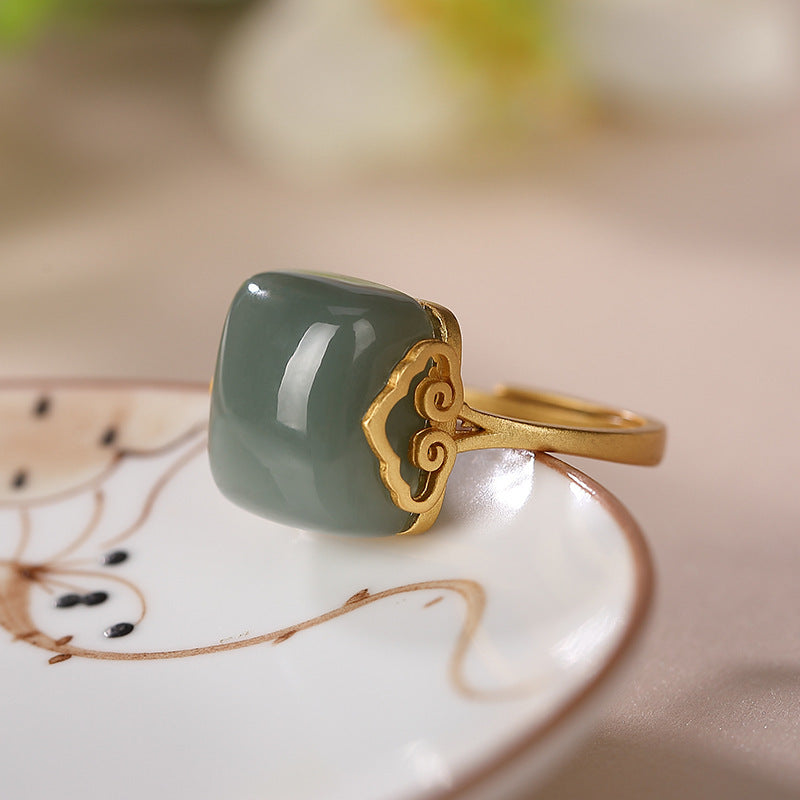 Women's Fashion Sterling Silver Gold Plated Hetian Jade Ring